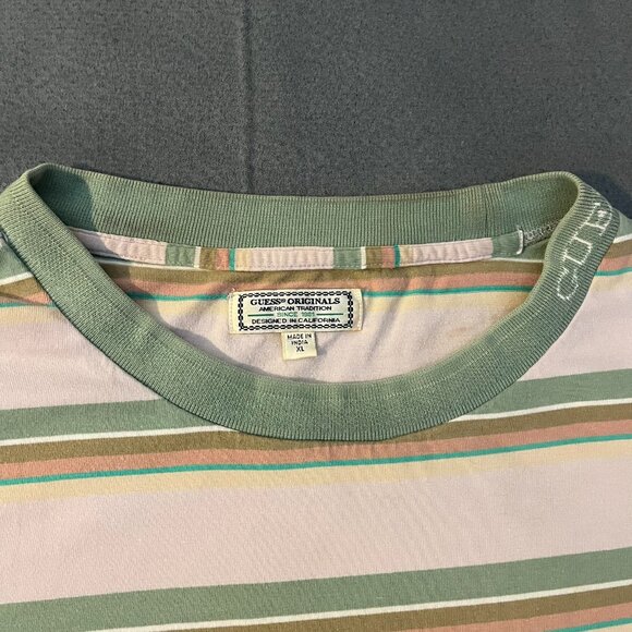 Guess Originals Brand Striped Neutral Earth Tone Colorblock Embroidered T-shirt - Picture 6 of 6